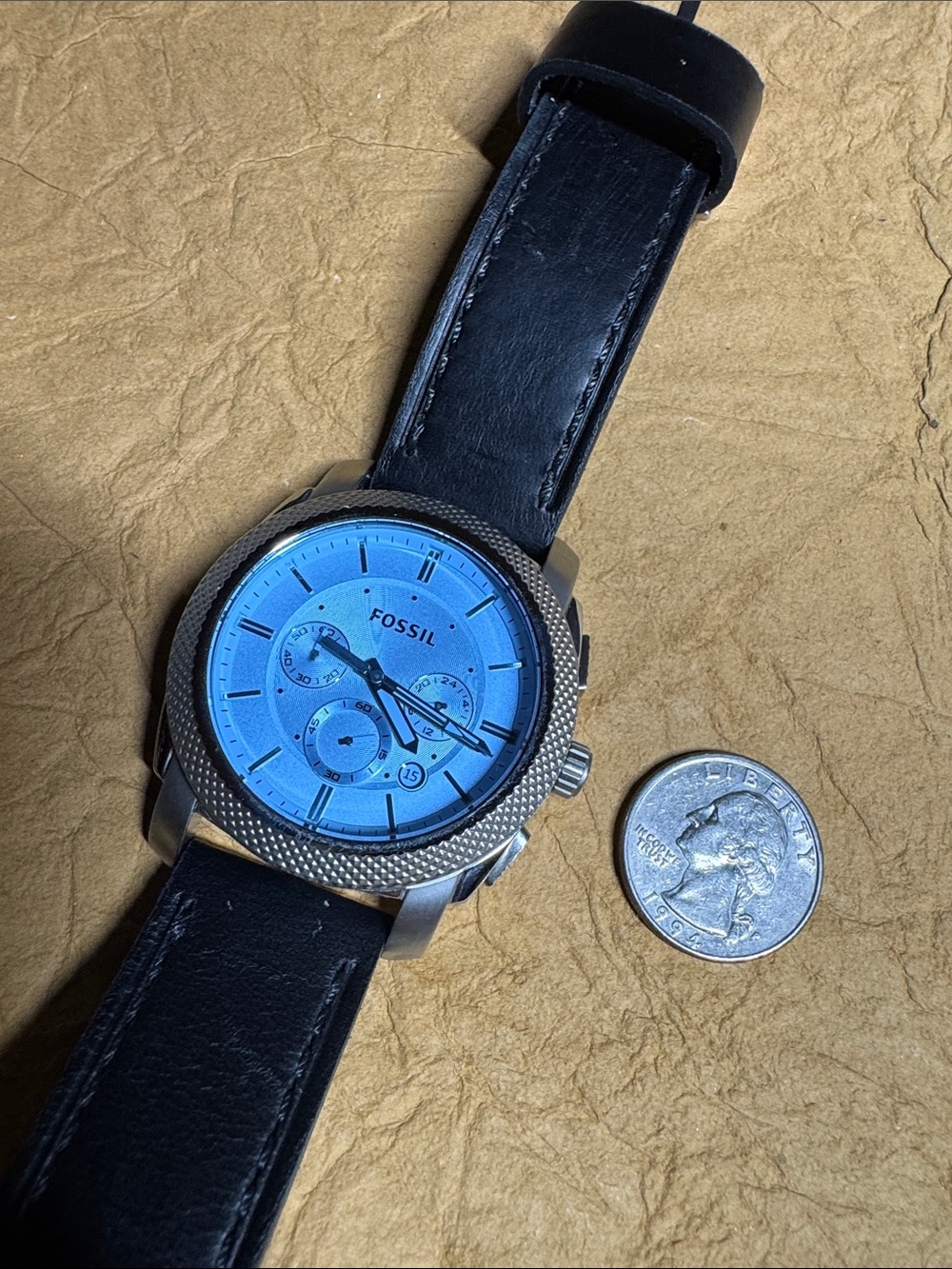 Fossil Men's Black Leather Strap Watch with Blue Dial and Stainless Silver Case - Picture 10 of 10